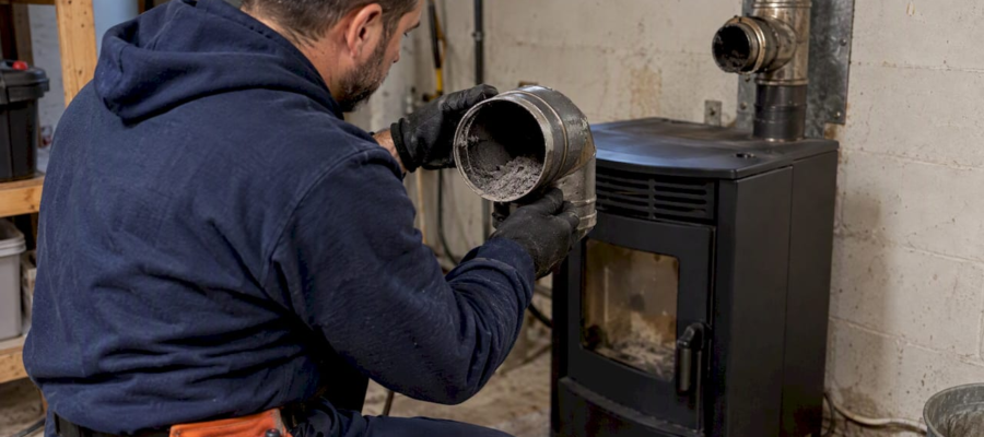 Technician inspecting ash inside pellet stove vent
