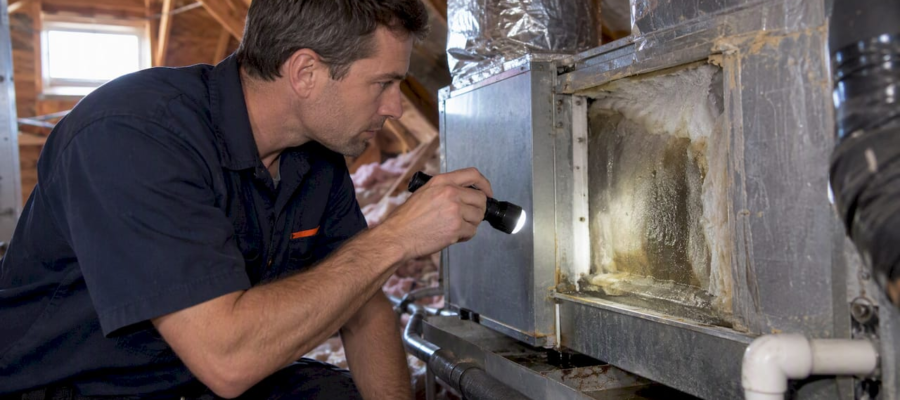 Technician inspecting damp plenum insulation