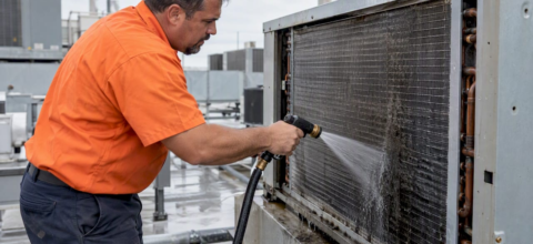 Technician rinsing a commercial HVAC coil