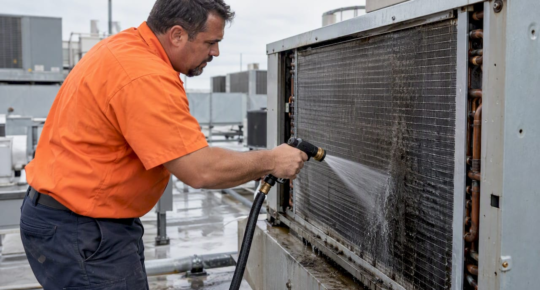 Technician rinsing a commercial HVAC coil