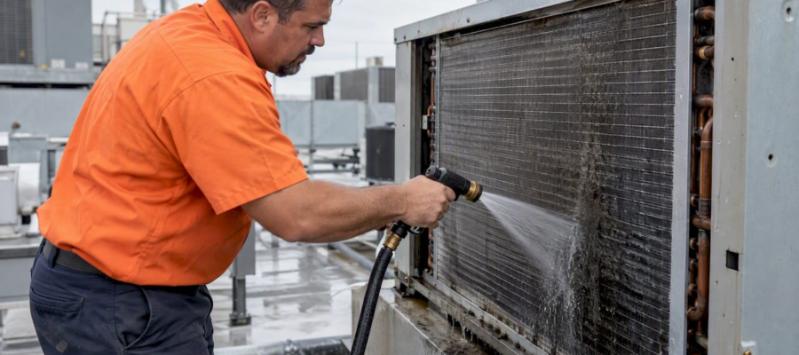 Technician rinsing a commercial HVAC coil