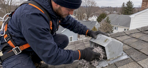 Technician clearing a roof dryer vent
