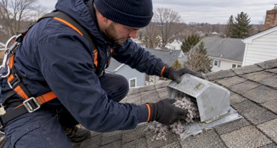 Technician clearing a roof dryer vent