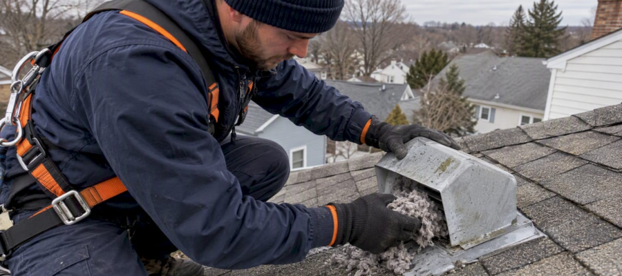 Technician clearing a roof dryer vent