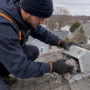 Technician clearing a roof dryer vent