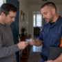 Homeowner checking an HVAC technician's credential