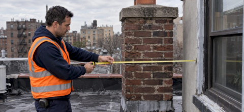 Inspector checking clearance beside NYC chimney