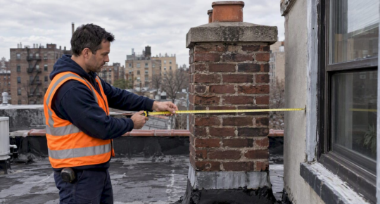 Inspector checking clearance beside NYC chimney