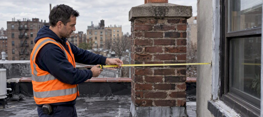 Inspector checking clearance beside NYC chimney