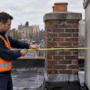 Inspector checking clearance beside NYC chimney
