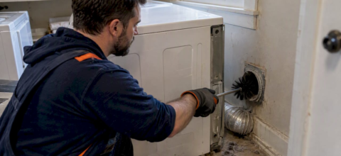 Technician cleaning a residential dryer vent