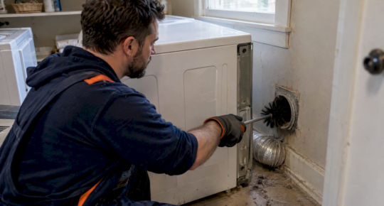 Technician cleaning a residential dryer vent