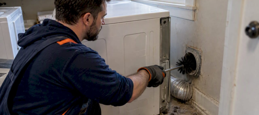 Technician cleaning a residential dryer vent