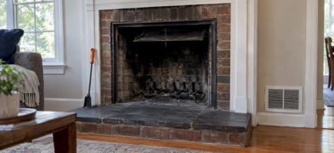 Soot-darkened summer fireplace with open damper