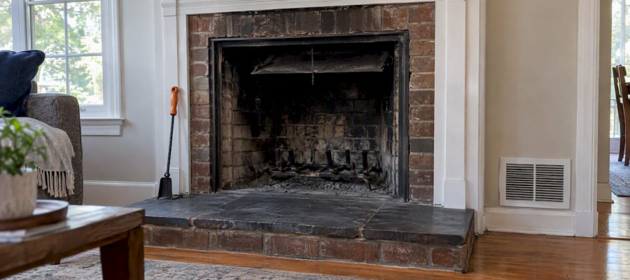 Soot-darkened summer fireplace with open damper