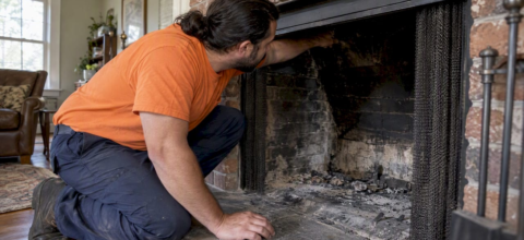 Technician inspecting a partially blocked fireplace flue