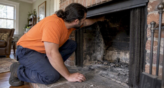 Technician inspecting a partially blocked fireplace flue