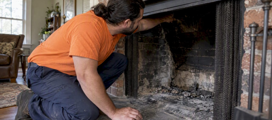 Technician inspecting a partially blocked fireplace flue