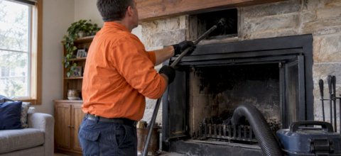 Chimney sweep brushing creosote from a flue