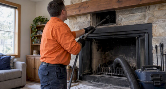Chimney sweep brushing creosote from a flue