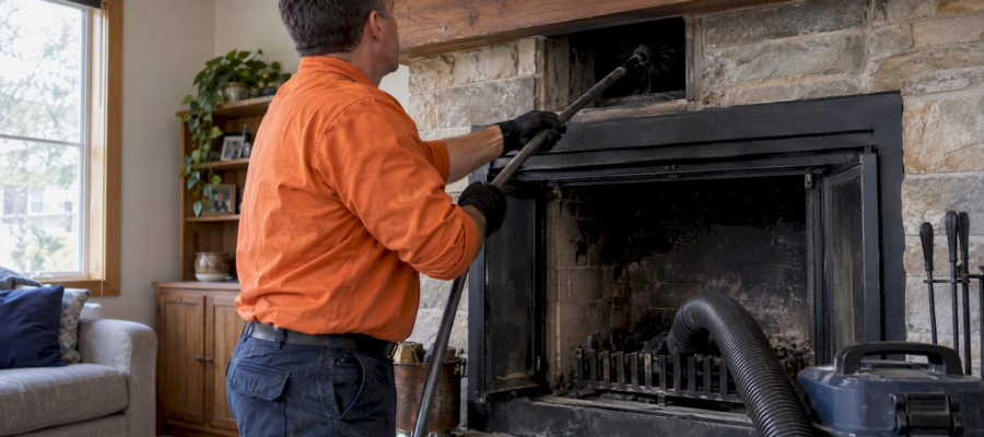 Chimney sweep brushing creosote from a flue