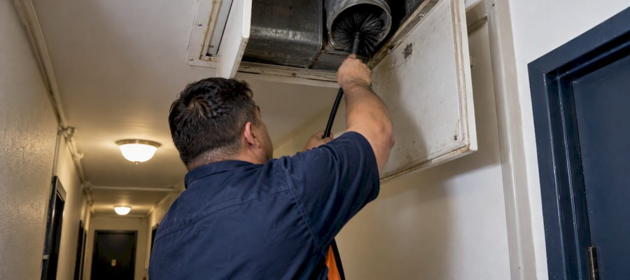 Technician cleaning an apartment dryer exhaust duct