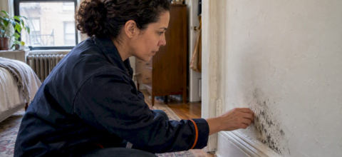 Owner inspecting mold on an apartment wall