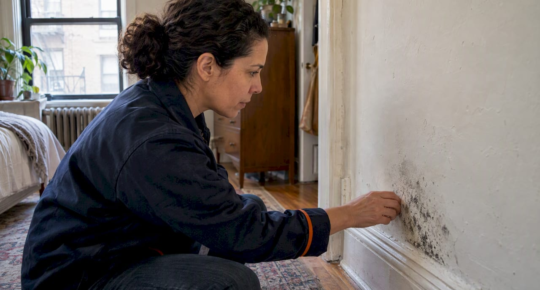 Owner inspecting mold on an apartment wall