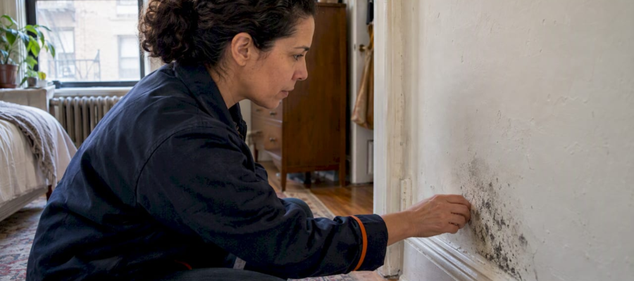 Owner inspecting mold on an apartment wall