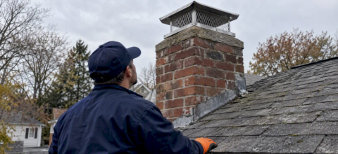 Professional checking a capped suburban chimney
