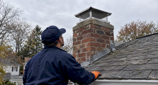 Professional checking a capped suburban chimney