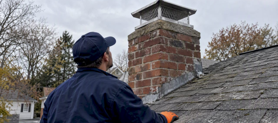 Professional checking a capped suburban chimney