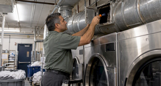 Technician inspecting a hotel dryer exhaust duct