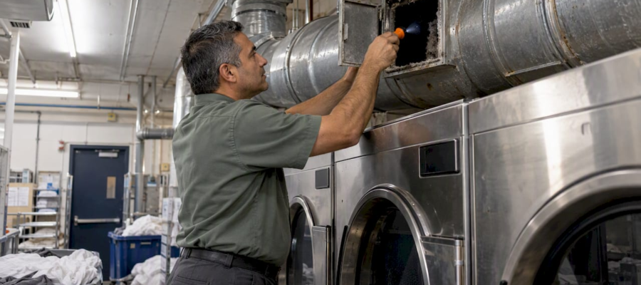 Technician inspecting a hotel dryer exhaust duct