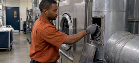 Technician cleaning a hospital dryer exhaust duct