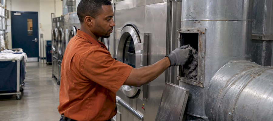 Technician cleaning a hospital dryer exhaust duct