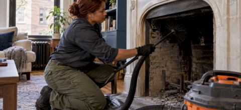 Chimney sweep cleaning a brownstone fireplace