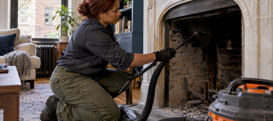 Chimney sweep cleaning a brownstone fireplace