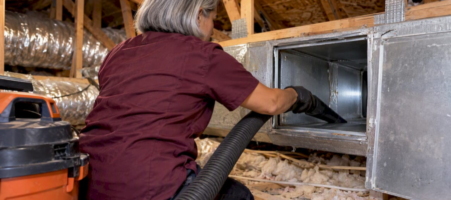 Technician cleaning an opened HVAC duct